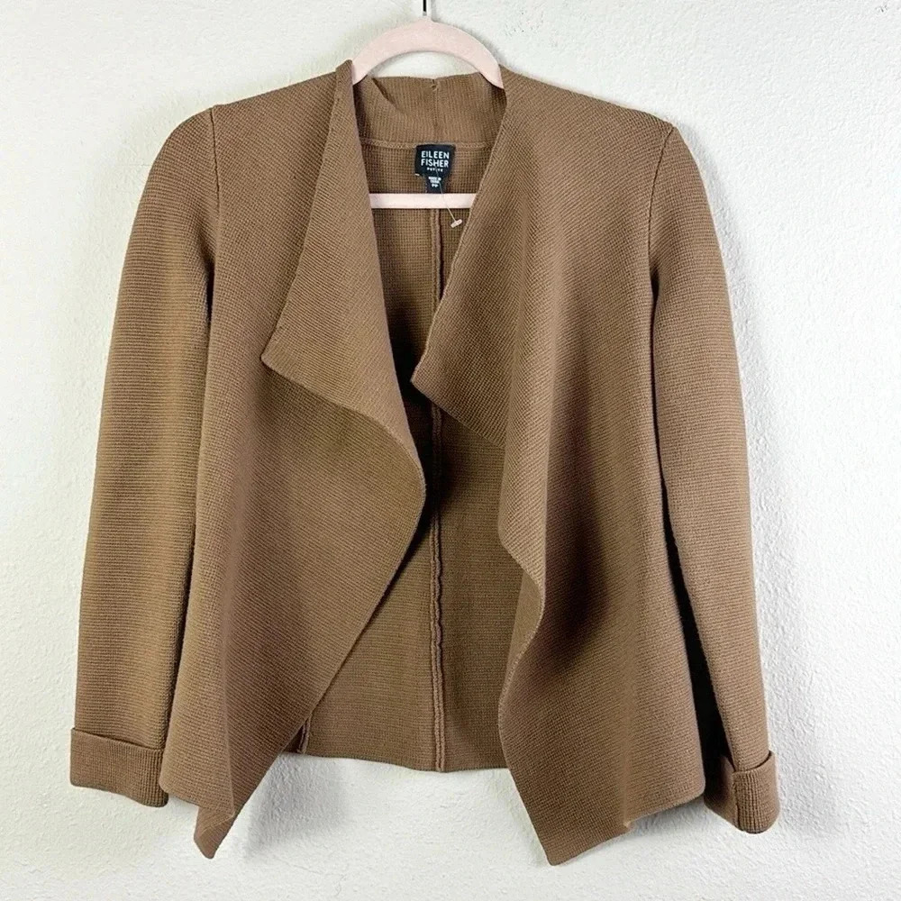 Eileen Fisher Hazelnut Brown Knit Interlock Drape Front Cardigan size P P cotton
